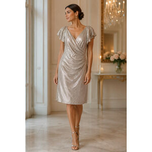 RALPH LAUREN Dress 14 Silver Champagne Cocktail Flutter Sleeves Ruched Faux Wrap